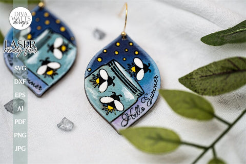 Hello Summer Firefly Earrings SVG For Glowforge Laser Firefly Earrings For Summer Earrings with Fireflies Summer Laser Earrings Summer Laser SVG Diva Watts Designs 