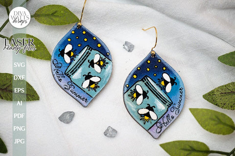 Hello Summer Firefly Earrings SVG For Glowforge Laser Firefly Earrings For Summer Earrings with Fireflies Summer Laser Earrings Summer Laser SVG Diva Watts Designs 