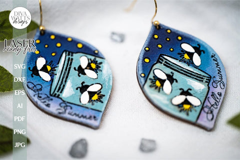 Hello Summer Firefly Earrings SVG For Glowforge Laser Firefly Earrings For Summer Earrings with Fireflies Summer Laser Earrings Summer Laser SVG Diva Watts Designs 