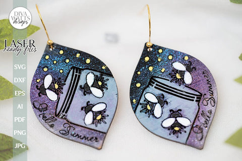 Hello Summer Firefly Earrings SVG For Glowforge Laser Firefly Earrings For Summer Earrings with Fireflies Summer Laser Earrings Summer Laser SVG Diva Watts Designs 