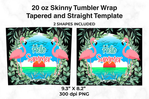 Hello Summer Flamingos & Sunset 20 oz Skinny Tumbler Wrap Design Black Gradient Sublimation Sublimatiz Designs 