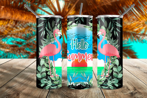 Hello Summer Flamingos & Sunset 20 oz Skinny Tumbler Wrap Design Black Gradient Sublimation Sublimatiz Designs 