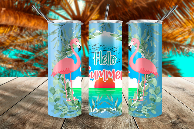 Hello Summer Flamingos & Sunset 20 oz Skinny Tumbler Wrap Design Blue Gradient Sublimation Sublimatiz Designs 