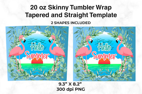 Hello Summer Flamingos & Sunset 20 oz Skinny Tumbler Wrap Design Blue Gradient Sublimation Sublimatiz Designs 