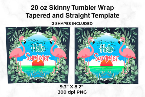Hello Summer Flamingos & Sunset 20 oz Skinny Tumbler Wrap Design Navy Blue Gradient Sublimation Sublimatiz Designs 