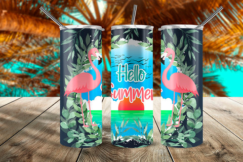 Hello Summer Flamingos & Sunset 20 oz Skinny Tumbler Wrap Design Navy Blue Gradient Sublimation Sublimatiz Designs 