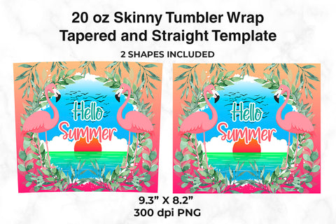 Hello Summer Flamingos & Sunset 20 oz Skinny Tumbler Wrap Design Pink Gradient Sublimation Sublimatiz Designs 