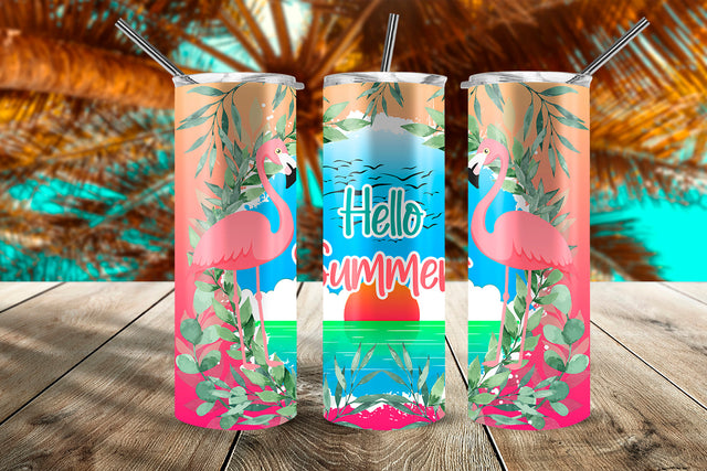 Hello Summer Flamingos & Sunset 20 oz Skinny Tumbler Wrap Design Pink Gradient Sublimation Sublimatiz Designs 