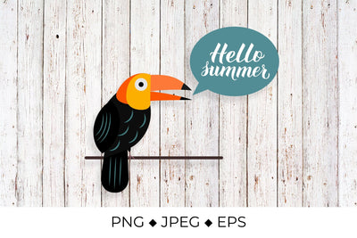 Hello summer lettering with cute cartoon tropical bird toucan and speech bubble Sublimation LaBelezoka 