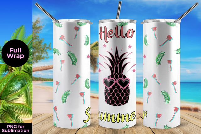 Hello Summer Pink Pineapple 20oz Skinny Tumbler Wrap Template for Sublimation Sublimation Sublimatiz Designs 