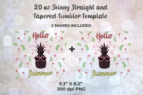 Hello Summer Pink Pineapple 20oz Skinny Tumbler Wrap Template for Sublimation Sublimation Sublimatiz Designs 