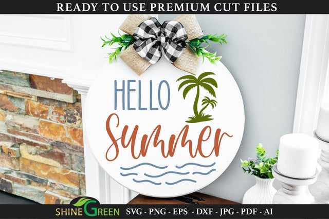 Hello Summer Round Sign SVG Cut File SVG Shine Green Art 