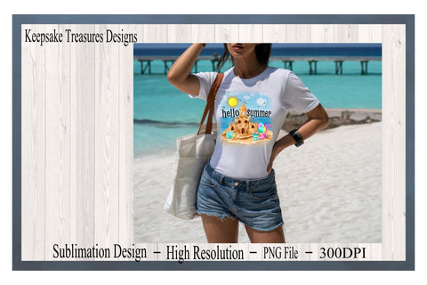 Hello Summer, Sand Castle Summer Shirt, Watercolor Background, PNG For Sublimation Design, Summer Shirt PNG, Instant download, DIY Printable Sublimation Keepsake Treasures Designs LLC. 