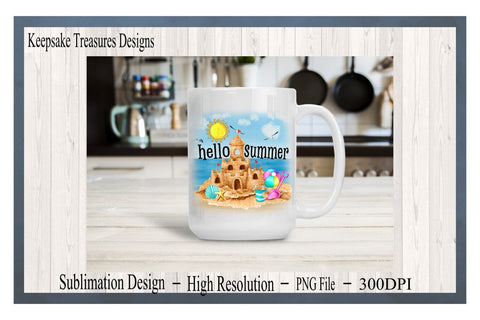 Hello Summer, Sand Castle Summer Shirt, Watercolor Background, PNG For Sublimation Design, Summer Shirt PNG, Instant download, DIY Printable Sublimation Keepsake Treasures Designs LLC. 