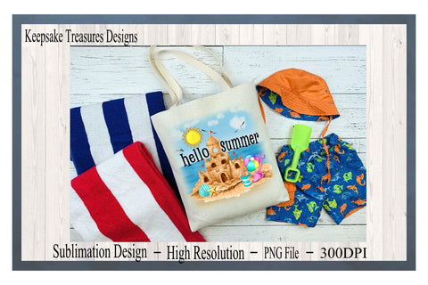 Hello Summer, Sand Castle Summer Shirt, Watercolor Background, PNG For Sublimation Design, Summer Shirt PNG, Instant download, DIY Printable Sublimation Keepsake Treasures Designs LLC. 