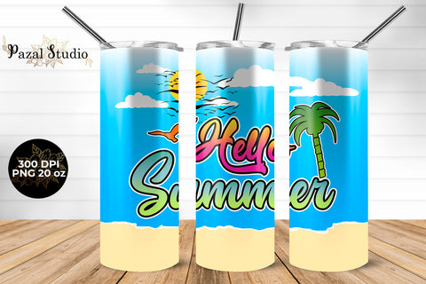 Hello Summer Sunset Beach 20 oz Skinny Tumbler Wrap Design Sublimation Pazal Studio 