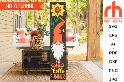 Hello Summer SVG, Porch Board Cut File, Gnome with Sunflower DXF, Layered Welcome Sign SVG RedHelgaArt 