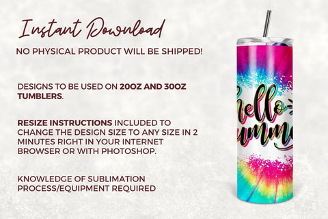 Hello Summer Tie Dye 20oz Tumbler Wrap, Summer Sublimation Tumbler Design Template - PNG Digital Download Sublimation TumblersByPhill 