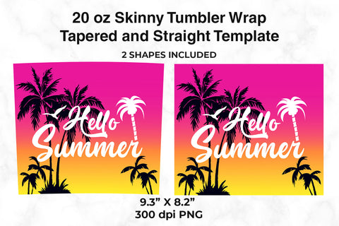 Hello Summer Tropical Sunset 20 oz Skinny Tumbler Wrap Design Fuchsia & Yellow Gradien Sublimation Sublimatiz Designs 