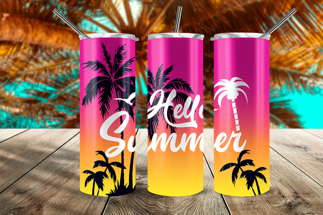 Hello Summer Tropical Sunset 20 oz Skinny Tumbler Wrap Design Fuchsia & Yellow Gradien Sublimation Sublimatiz Designs 