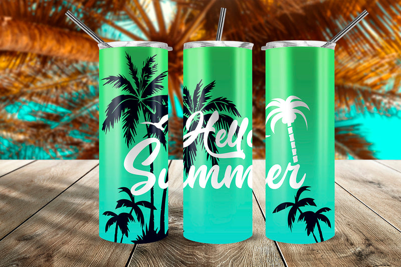 Hello Summer Tropical Sunset 20 oz Skinny Tumbler Wrap Design Green Gradient Sublimation Sublimatiz Designs 