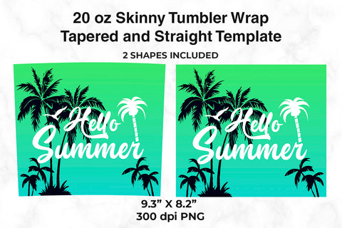 Hello Summer Tropical Sunset 20 oz Skinny Tumbler Wrap Design Green Gradient Sublimation Sublimatiz Designs 