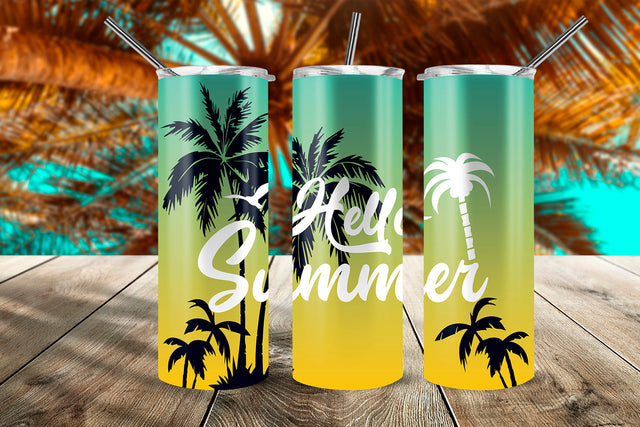 Hello Summer Tropical Sunset 20 oz Skinny Tumbler Wrap Design Green & Yellow Gradient Sublimation Sublimatiz Designs 