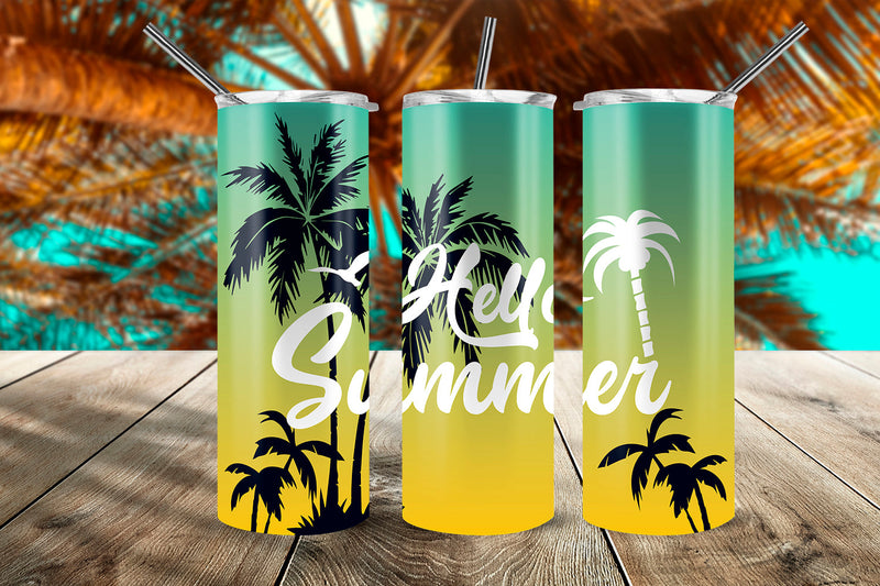 Hello Summer Tropical Sunset 20 oz Skinny Tumbler Wrap Design Green & Yellow Gradient Sublimation Sublimatiz Designs 
