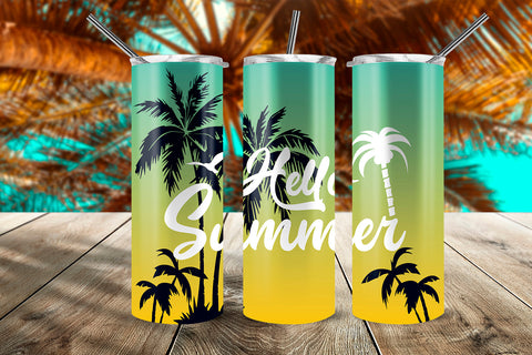 Hello Summer Tropical Sunset 20 oz Skinny Tumbler Wrap Design Green & Yellow Gradient Sublimation Sublimatiz Designs 