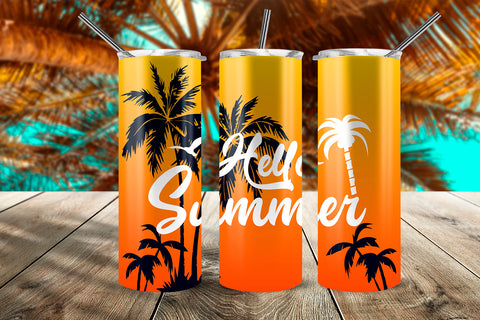 Hello Summer Tropical Sunset 20 oz Skinny Tumbler Wrap Design Orange Gradient Sublimation Sublimatiz Designs 