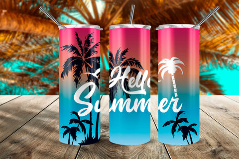 Hello Summer Tropical Sunset 20 oz Skinny Tumbler Wrap Design Pink & Blue Gradient Sublimation Sublimatiz Designs 