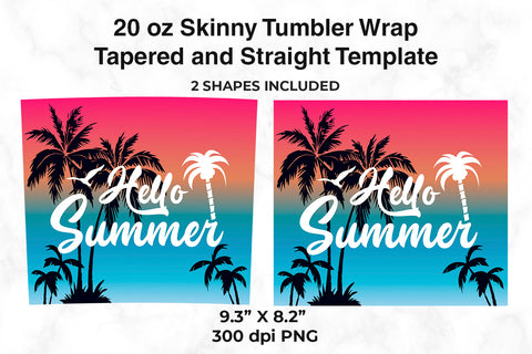 Hello Summer Tropical Sunset 20 oz Skinny Tumbler Wrap Design Pink & Blue Gradient Sublimation Sublimatiz Designs 