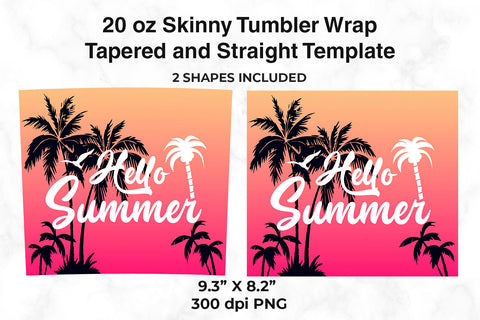 Hello Summer Tropical Sunset 20 oz Skinny Tumbler Wrap Design Pink Gradient Sublimation Sublimatiz Designs 