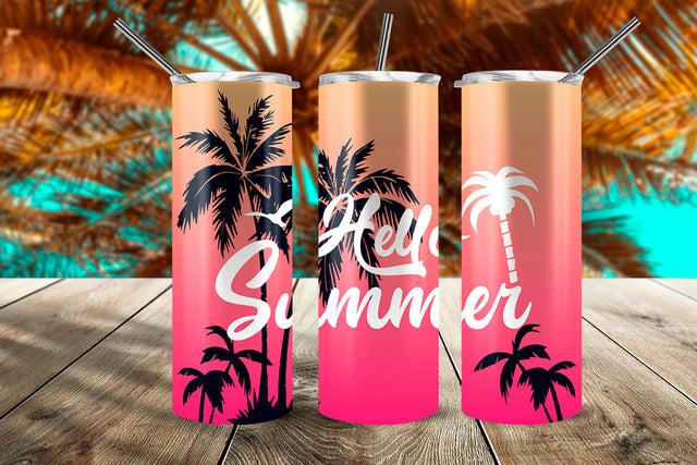 Hello Summer Tropical Sunset 20 oz Skinny Tumbler Wrap Design Pink Gradient Sublimation Sublimatiz Designs 