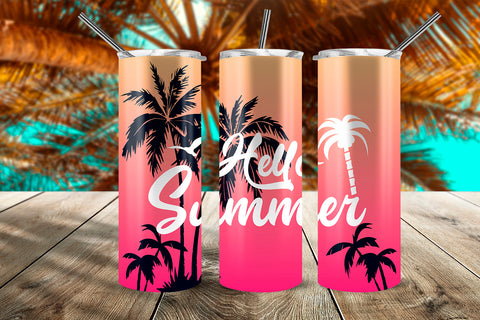 Hello Summer Tropical Sunset 20 oz Skinny Tumbler Wrap Design Pink Gradient Sublimation Sublimatiz Designs 