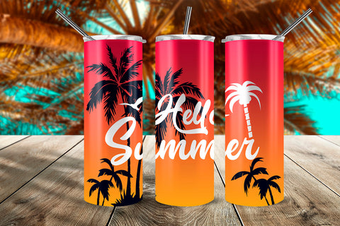 Hello Summer Tropical Sunset 20 oz Skinny Tumbler Wrap Design Red & Orange Gradient Sublimation Sublimatiz Designs 