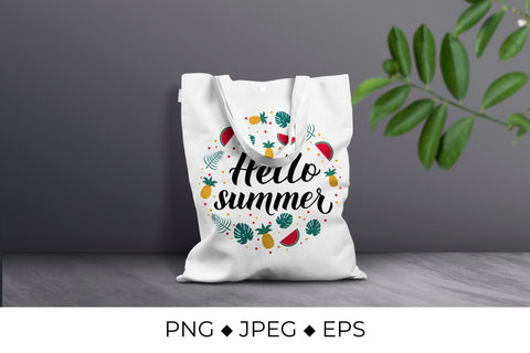 Hello summer with watermelon, pineapple, palm leaves round sign Sublimation LaBelezoka 