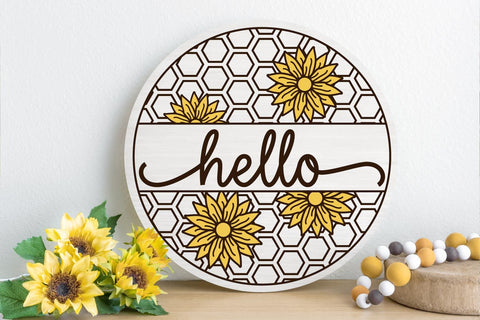 Hello Sunflower Round Sign SVG Cut File SVG Shine Green Art 