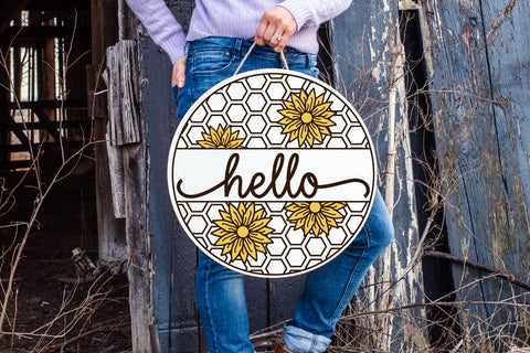 Hello Sunflower Round Sign SVG Cut File SVG Shine Green Art 