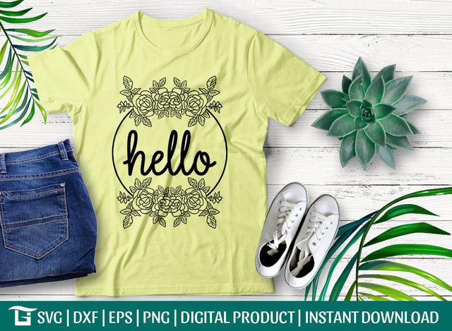 Hello Svg Cut File, Flower Wreath Svg, Hello Wreath Svg, Floral Wreath Svg, Tshirt Design, SVG ETC Craft 