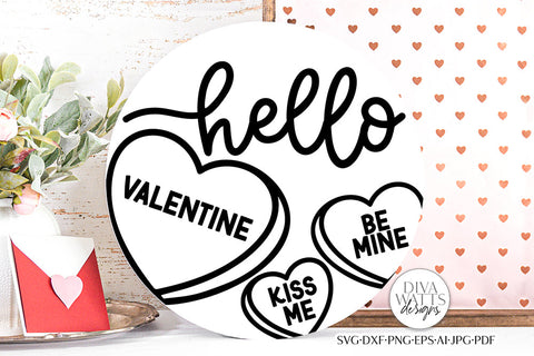 Hello Valentine SVG | Candy Hearts Valentine's Day Round Design SVG Diva Watts Designs 