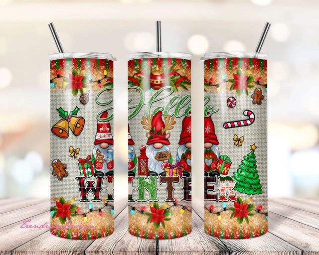 Hello Winter 20oz Tumbler Sublimation Wrap,Christmas Gnomes Tumbler PNG,Buffalo Plaid Gnome Tumbler Design,Christmas Bell PNG,Candy Cane PNG Sublimation TrendingDesign 
