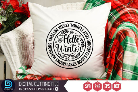 Hello winter Snowmen snowflakes boots sledding cozy flannel cocoa mittens SVG SVG DESIGNISTIC 
