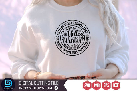 Hello winter Snowmen snowflakes boots sledding cozy flannel cocoa mittens SVG SVG DESIGNISTIC 