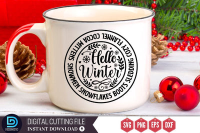Hello winter Snowmen snowflakes boots sledding cozy flannel cocoa mittens SVG SVG DESIGNISTIC 