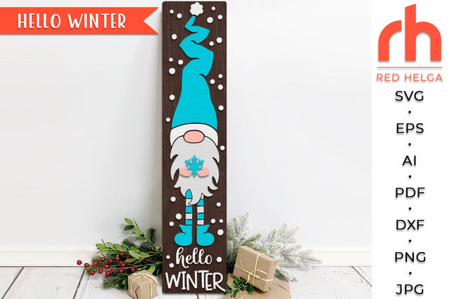 Hello Winter SVG - Christmas Porch Sign Cut File - Xmas Gnome DXF SVG RedHelgaArt 