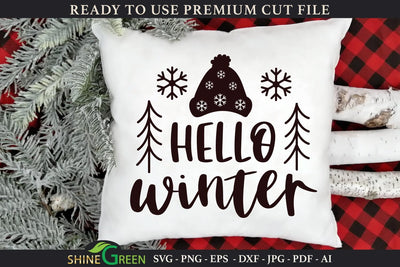 Hello Winter SVG Cut File for Pillows, Signs SVG Shine Green Art 