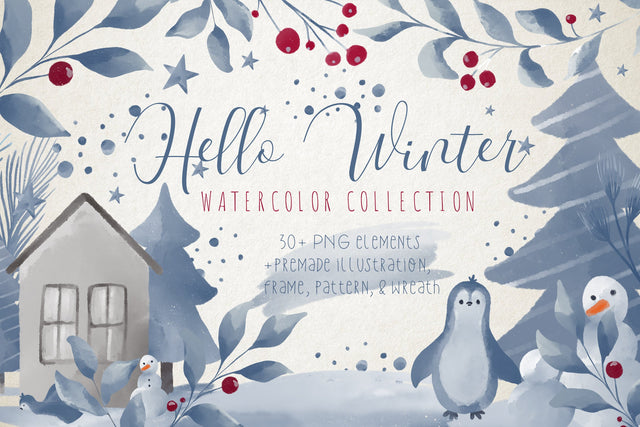 Hello Winter Watercolor Collections, Winter Clipart Bundle Sublimation dapiyupi store 