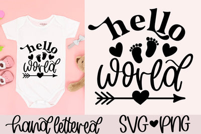 Hello world svg, newborn svg, baby quote svg, nursery decor svg, newborn announcement svg, baby feet svg, new baby svg, baby sign svg SVG AnitaAlyiaLettering 