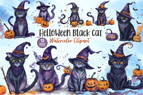 Helloween Black Cat Watercolor Clipart Sublimation Rupkotha 